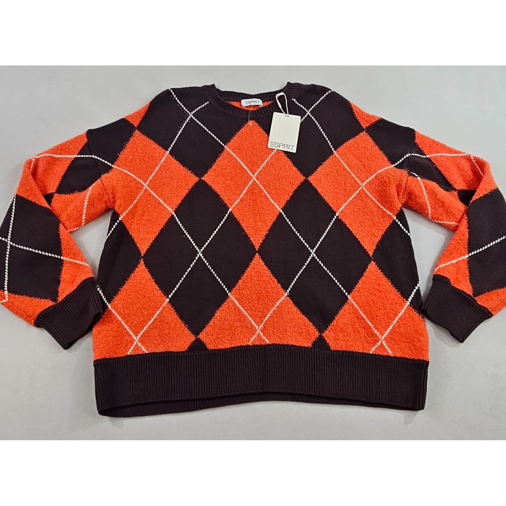 Esprit Mens Sweater S Orange Brown Argyle Wool Blend Pullover 094EE1I336 NEW